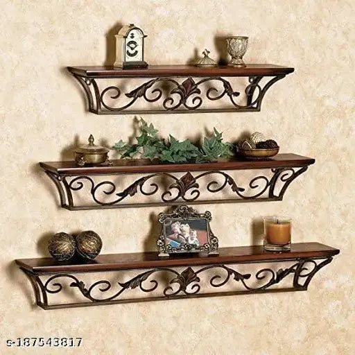 Wooden Iron Wall Shelf Wall Bracket Floating Wall Shelves Set of 3 for Home Decor