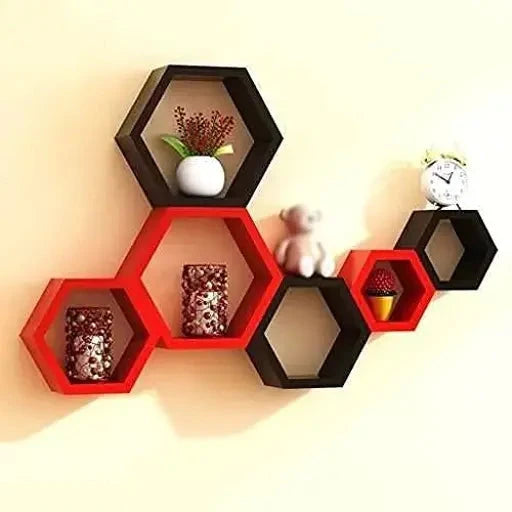 Home Décor Hexagonal Shape MDF Living Room Decorative Self -{Set of 3}